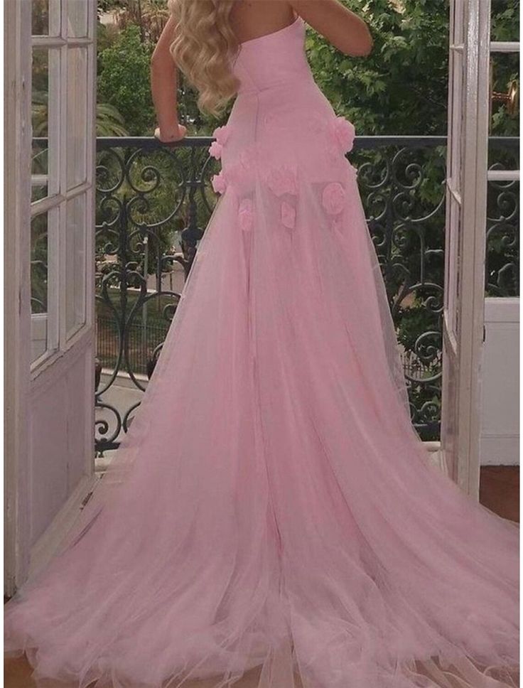 Sexy A Line Sweetheart Sleeveless Party Dresses Pink Slit Flowers Formal Prom Dresses