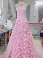 Sexy A Line Sweetheart Sleeveless Party Dresses Pink Slit Flowers Formal Prom Dresses