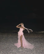 Sexy A Line Sweetheart Sleeveless Party Dresses Pink Slit Flowers Formal Prom Dresses