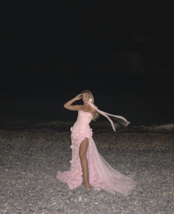 Sexy A Line Sweetheart Sleeveless Party Dresses Pink Slit Flowers Formal Prom Dresses