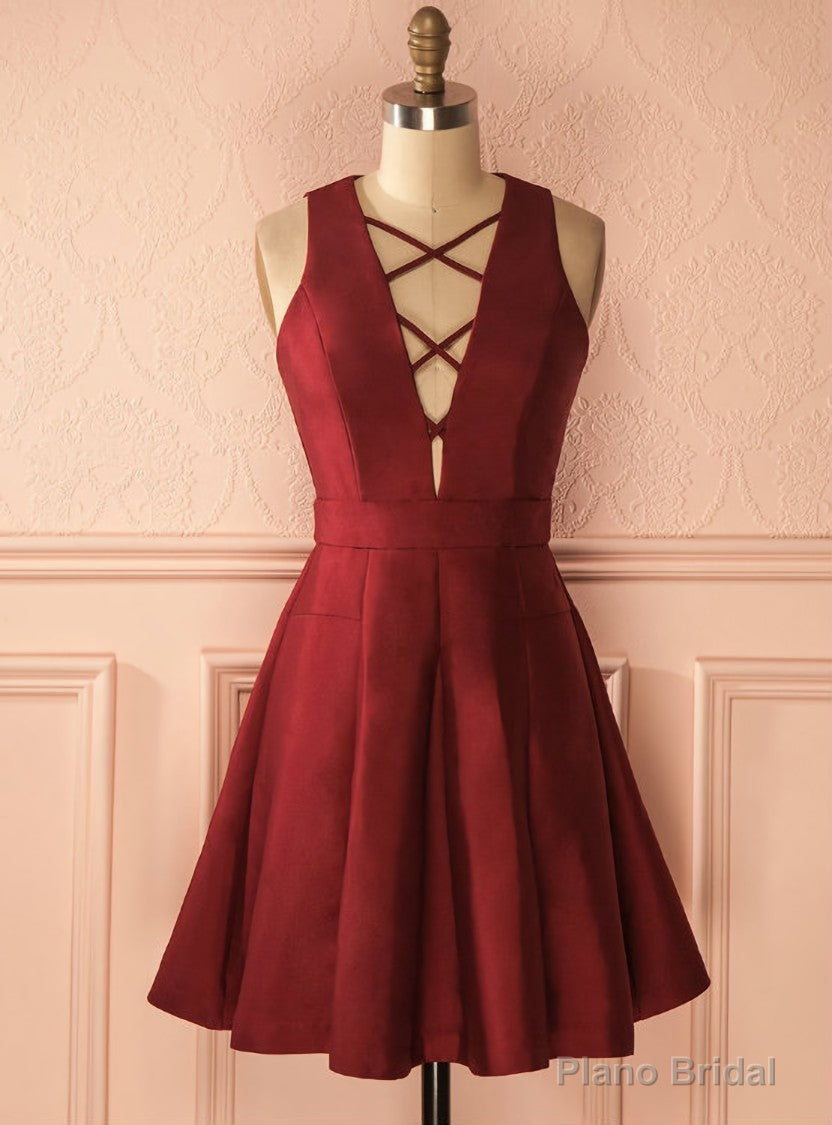 Sexy A-Line V-neck Sleeveless Burgundy Short Homecoming Prom Dress Main image