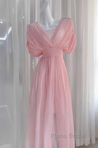 Sexy A Line V Neckline Ruffled Pink Chiffon Beach Dresses WomenS Vacation Dresses