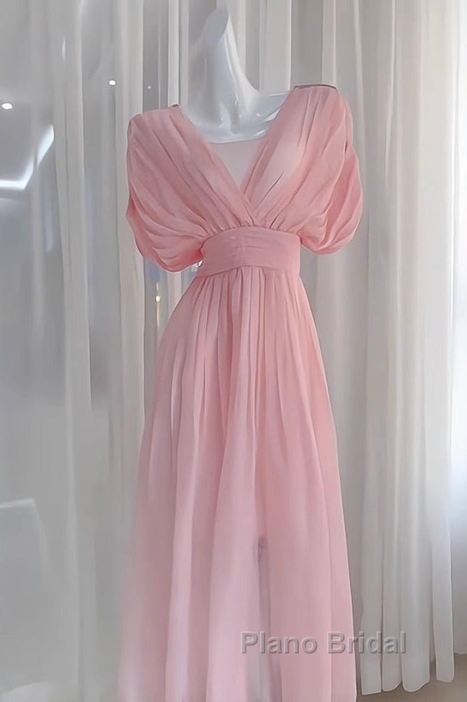 Sexy A Line V Neckline Ruffled Pink Chiffon Beach Dresses WomenS Vacation Dresses