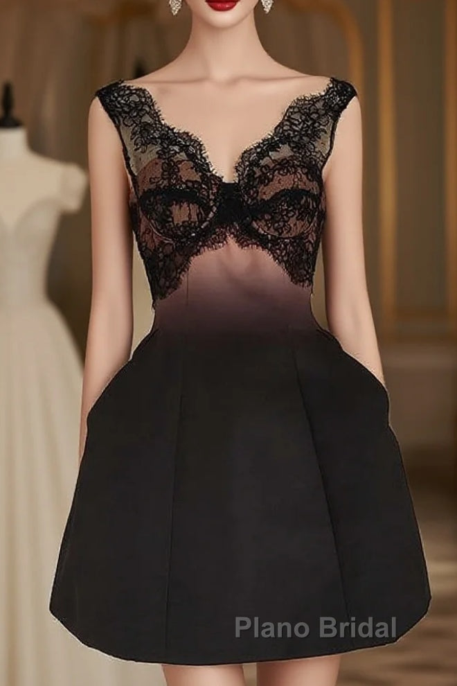 Sexy A Line V Neckline Satin Lace Vacation Dresses Short Birthday Dresses