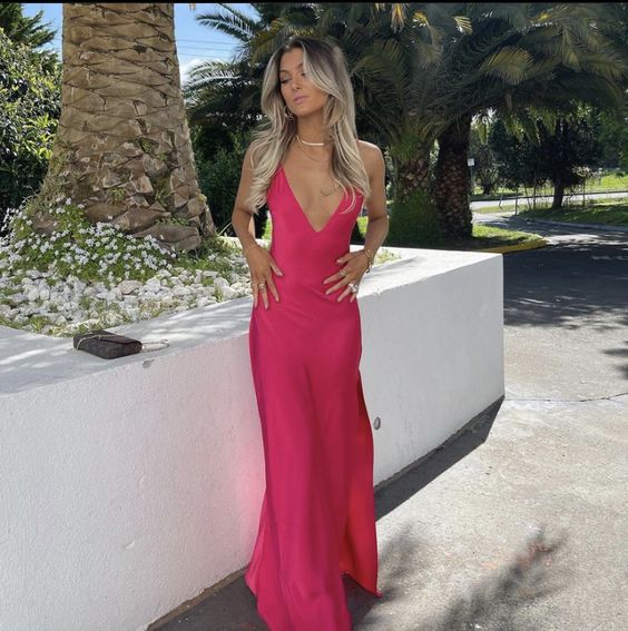 Sexy A Line V Neckline Sleeveless Party Dresses Hot Pink Formal Prom Dresses Secondary image