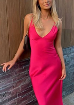 Sexy A Line V Neckline Sleeveless Party Dresses Hot Pink Formal Prom Dresses