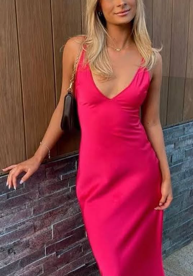 Sexy A Line V Neckline Sleeveless Party Dresses Hot Pink Formal Prom Dresses