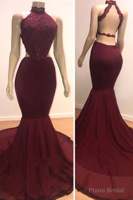 Sexy Backless Halter Mermaid Prom Dress Burgundy Long Chiffon Backless Main image