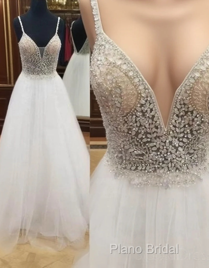 Sexy Backless V Neck White Beaded A-Line Long Formal Prom Dresses Main image