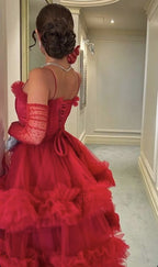 Sexy Ball Gown Long Straps Red Tulle Formal Prom Dresses