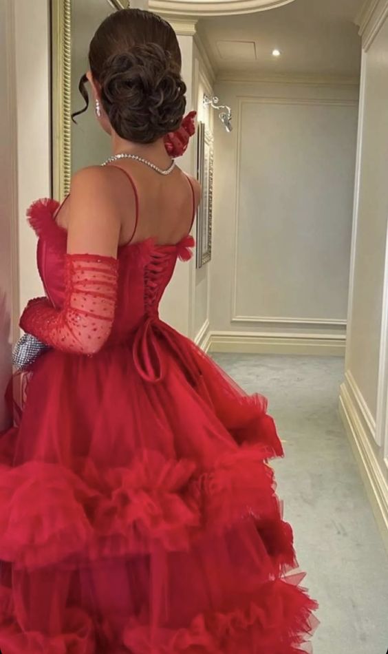 Sexy Ball Gown Long Straps Red Tulle Formal Prom Dresses