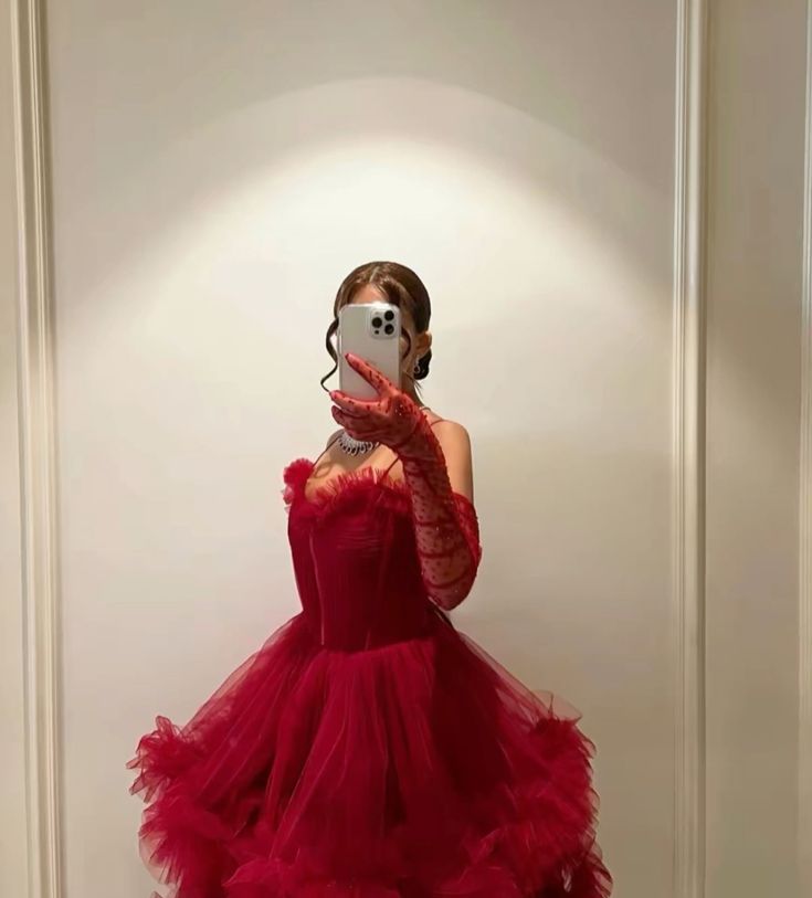 Sexy Ball Gown Long Straps Red Tulle Formal Prom Dresses
