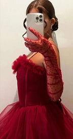 Sexy Ball Gown Long Straps Red Tulle Formal Prom Dresses