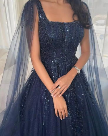 Sexy Ball Gown Navy Blue Tulle Long Sequin Formal Prom Dresses Long Party Dresses