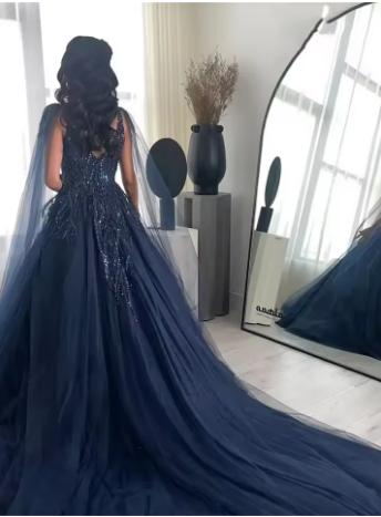 Sexy Ball Gown Navy Blue Tulle Long Sequin Formal Prom Dresses Long Party Dresses