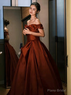 Sexy Ball Gown Off The Shoulder Satin Rust Red Floor Length Evening Dress Prom Dresses