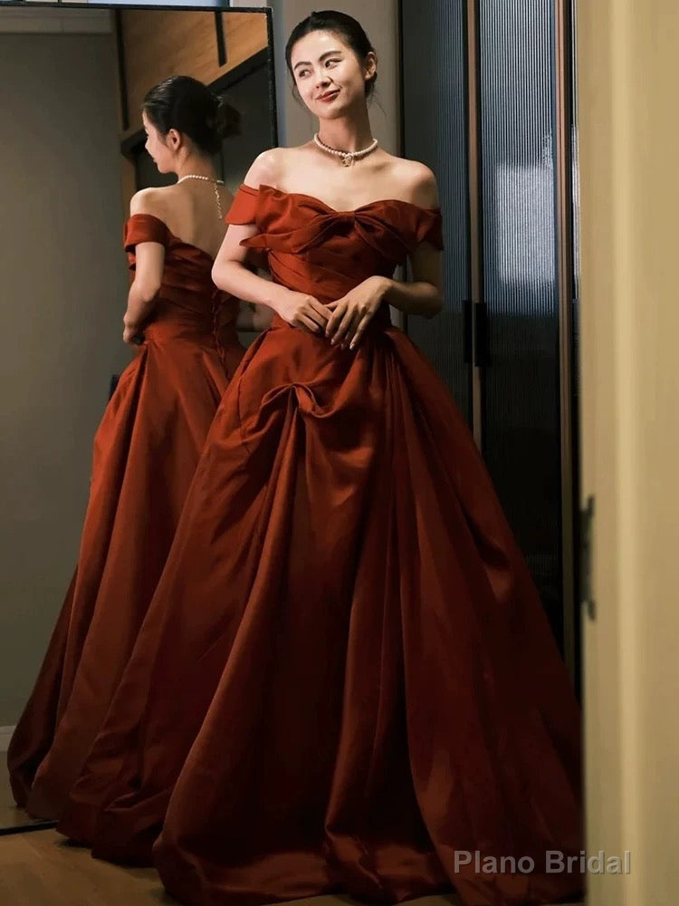 Sexy Ball Gown Off The Shoulder Satin Rust Red Floor Length Evening Dress Prom Dresses Main image