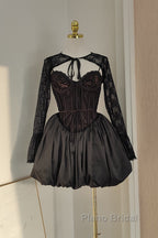 Sexy Ball Gown Spaghetti Straps Black Lace Travel Vacation Dresses Short Satin Birthday Dresses