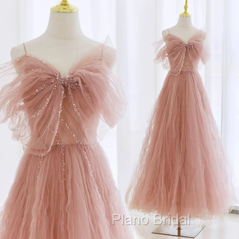 Sexy Ball Gown Spaghetti Straps Pink Tulle Evening Dresses Formal Prom Dresses