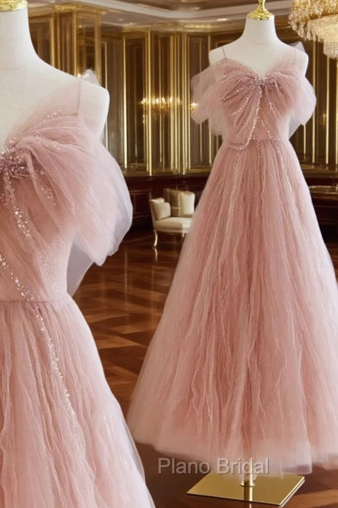 Sexy Ball Gown Spaghetti Straps Pink Tulle Evening Dresses Formal Prom Dresses Main image
