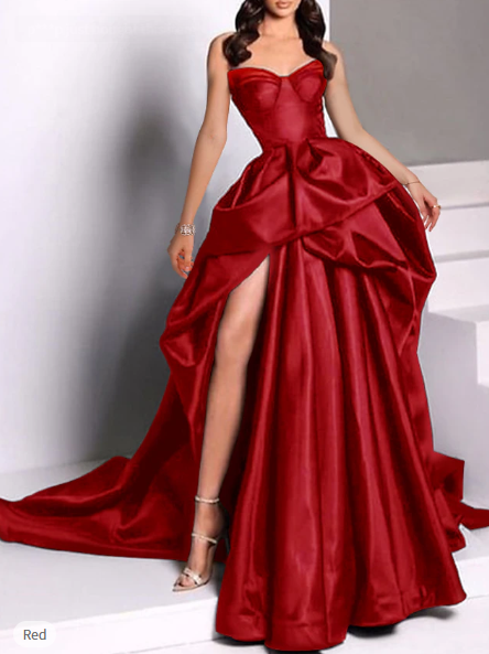 Sexy Ball Gown Strapless Burgundy Long Slit Party Dresses Formal Prom Dresses