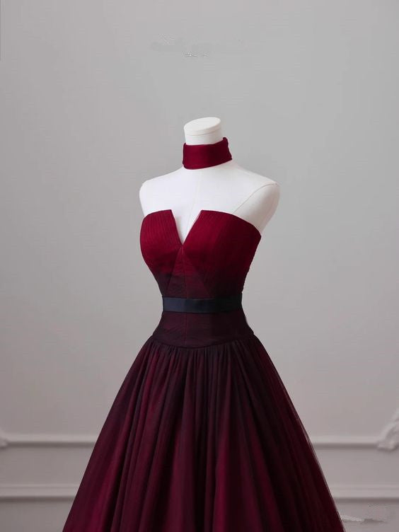 Sexy Ball Gown Strapless Long Burgundy Formal Prom Dresses Formal Evening Dresses