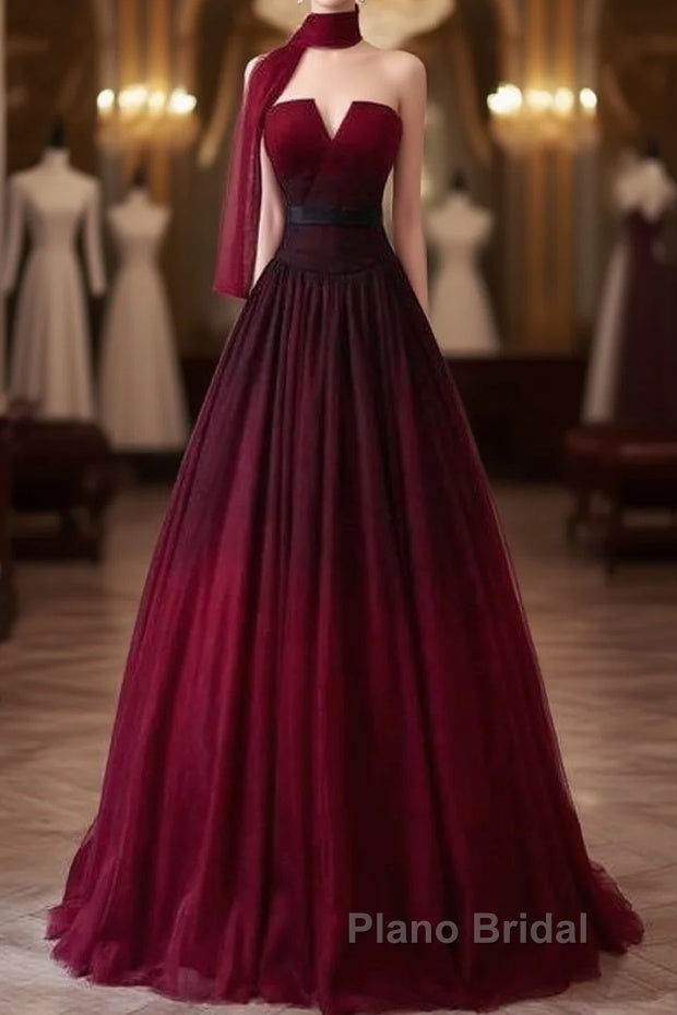 Sexy Ball Gown Strapless Long Burgundy Formal Prom Dresses Evening Dresses Main image