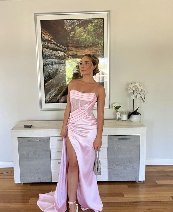 Sexy Birthday Dresses Pink Strapless Formal Prom Dresses Slit Birthday Outfits Secondary image