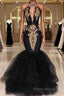 Sexy Black Halter Mermaid Long Formal Prom Dresses Keyhole Lace Gold Shiny Applique Beaded Floor Length Formal Party Gowns