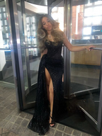 Sexy Black Lace Sequin Slit Long Formal Prom Dresses Mermaid Formal Evening Dresses