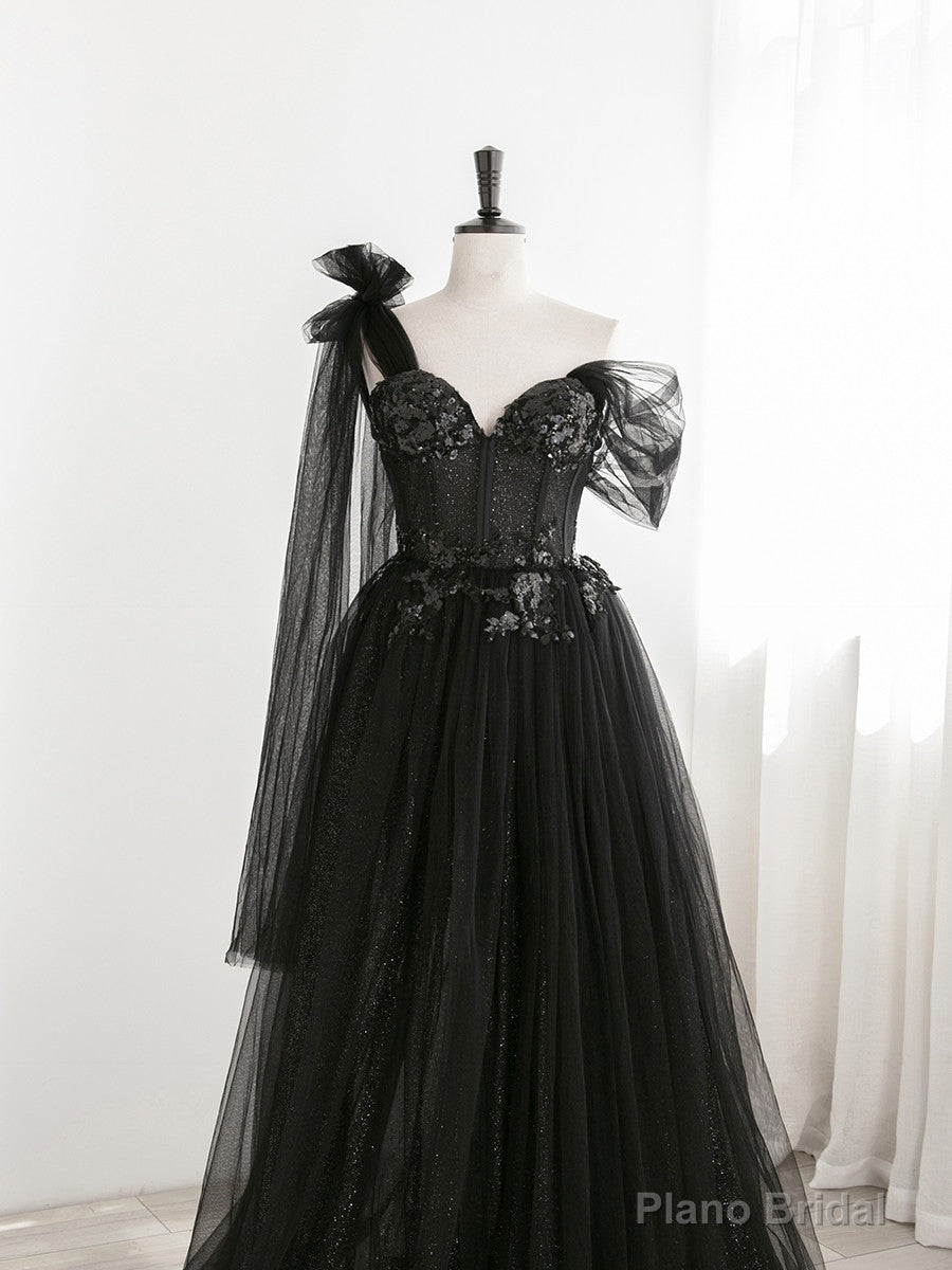 Sexy Black One Shoulder Tulle Sweetheart Sequins Party Dress, Black Evening Gown