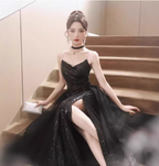Sexy Black Spaghetti Strap V-Neck Split Sequined Tulle Long Formal Prom Dresses