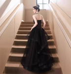 Sexy Black Spaghetti Strap V-Neck Split Sequined Tulle Long Formal Prom Dresses
