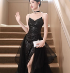 Sexy Black Spaghetti Strap V-Neck Split Sequined Tulle Long Formal Prom Dresses