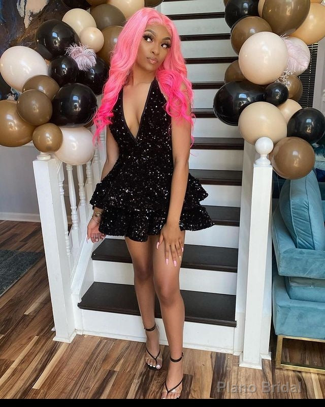 Sexy Black Sparking Short Cocktail Dresses Back Open Tiered Sequin Graduation Gown Parties Night Main image