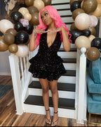 Sexy Black Sparking Short Cocktail Dresses Back Open Tiered Sequin Graduation Gown Parties Night