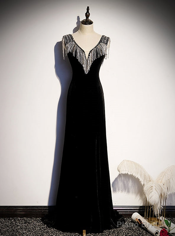 Sexy Black Velvet V-neck Beading Prom Dress Main image
