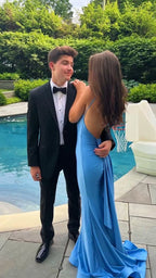Sexy Blue Mermaid Formal Prom Dresses,Open Back Long Formal Evening Party Dresses