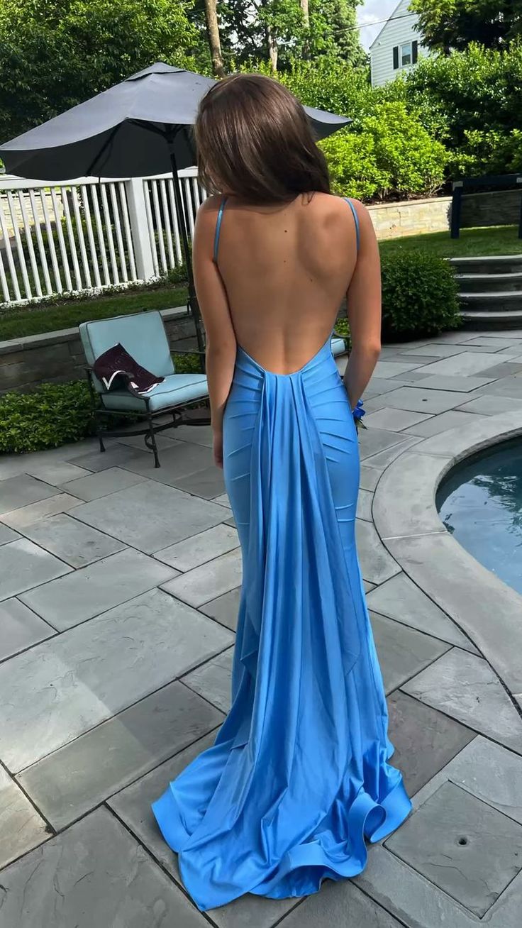 Sexy Blue Mermaid Formal Prom Dresses,Open Back Long Formal Evening Party Dresses