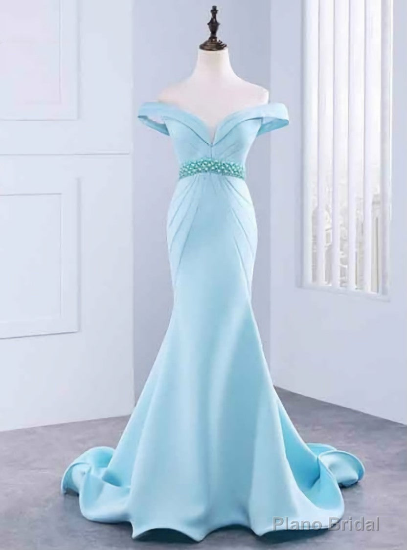 Sexy Blue Mermaid Satin Off The Shoulder Long Prom Dress With Beading Main image