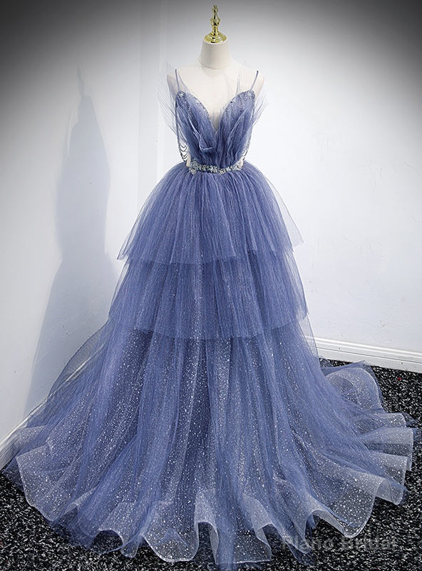 Sexy Blue Tulle Sequins Spaghetti Straps Beading Prom Dress Main image