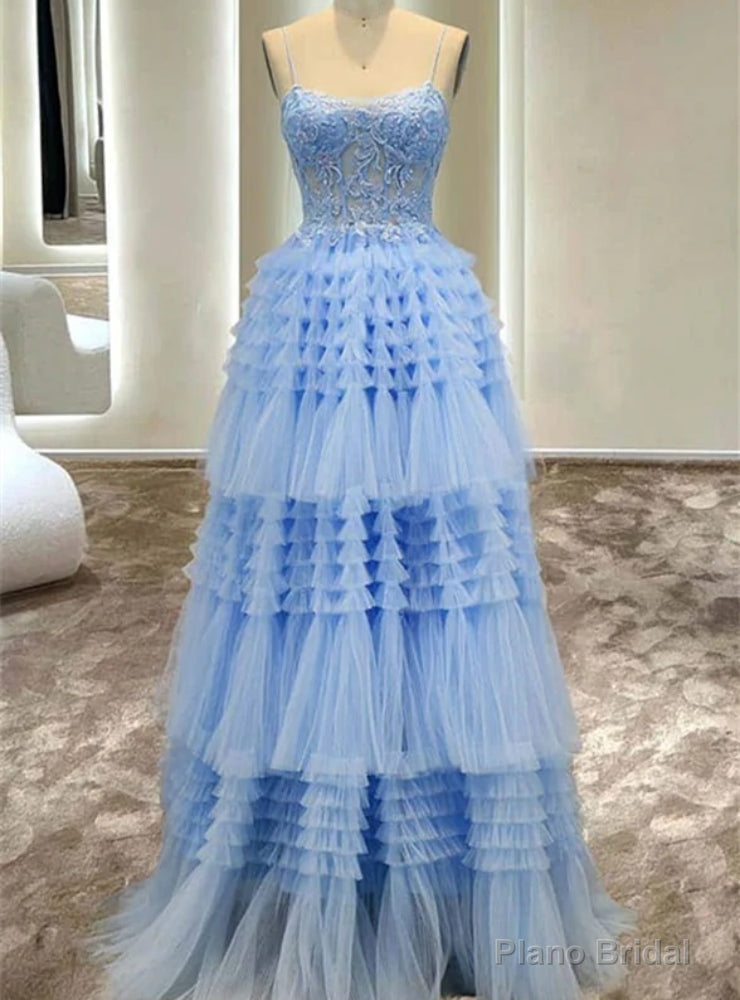 Sexy Blue Tulle Spaghetti Straps Appliques Beading Prom Dress Main image