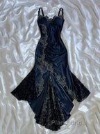Sexy Bodycon Mermaid Straps Long Navy Blue Lace Formal Prom Dresses Party Dresses