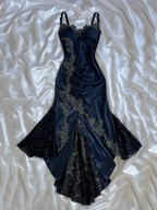Sexy Bodycon Mermaid Straps Long Navy Blue Lace Formal Prom Dresses Party Dresses