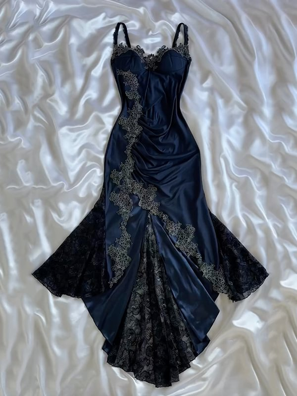 Sexy Bodycon Mermaid Straps Long Navy Blue Lace Formal Prom Dresses Party Dresses