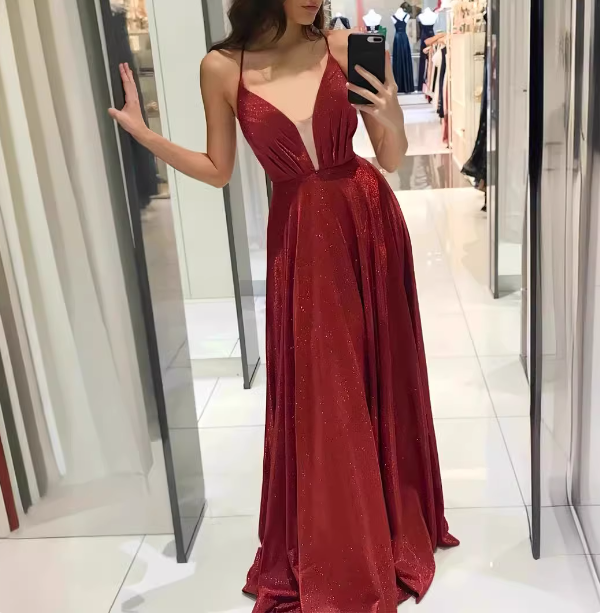 Sexy Burgundy A-Line V-Neck Cross Back Shimmer Satin Long Formal Prom Dresses