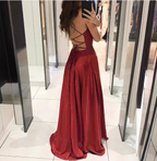 Sexy Burgundy A-Line V-Neck Cross Back Shimmer Satin Long Formal Prom Dresses