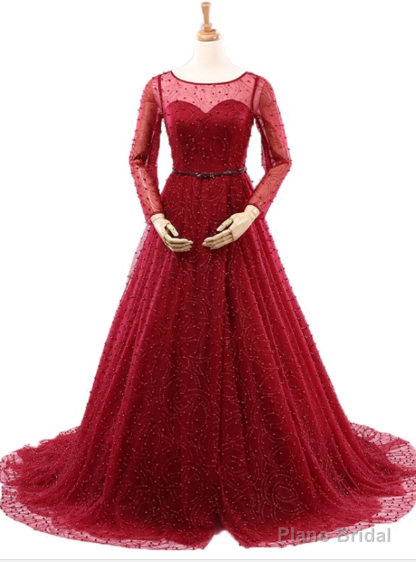 Sexy Burgundy Long Sleeve Tulle Pearls Wedding Dress Main image