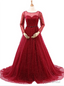 Sexy Burgundy Long Sleeve Tulle Pearls Wedding Dress