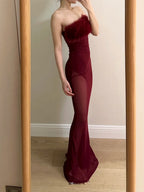 Sexy Burgundy Mermaid Strapless Mesh Long Formal Prom Dresses